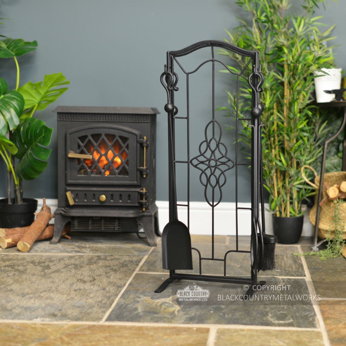 “Dawnmead House” Gothic Fireside Companion Set In Living Room Setting