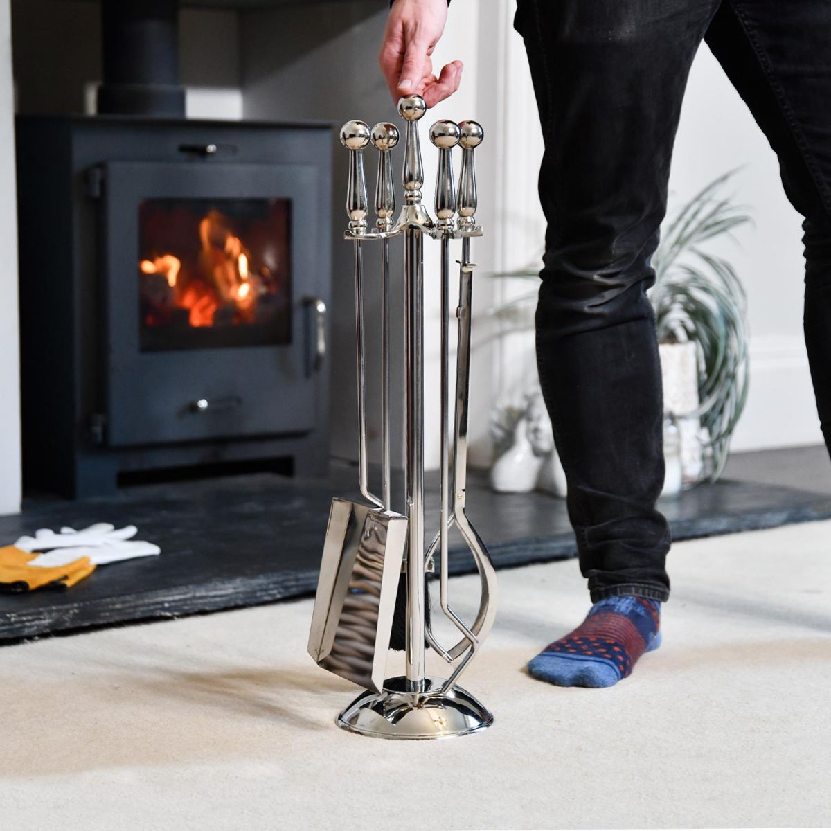 Polished Steel Companion Set with Male for scale  Polished Steel Companion Set with Male for scale