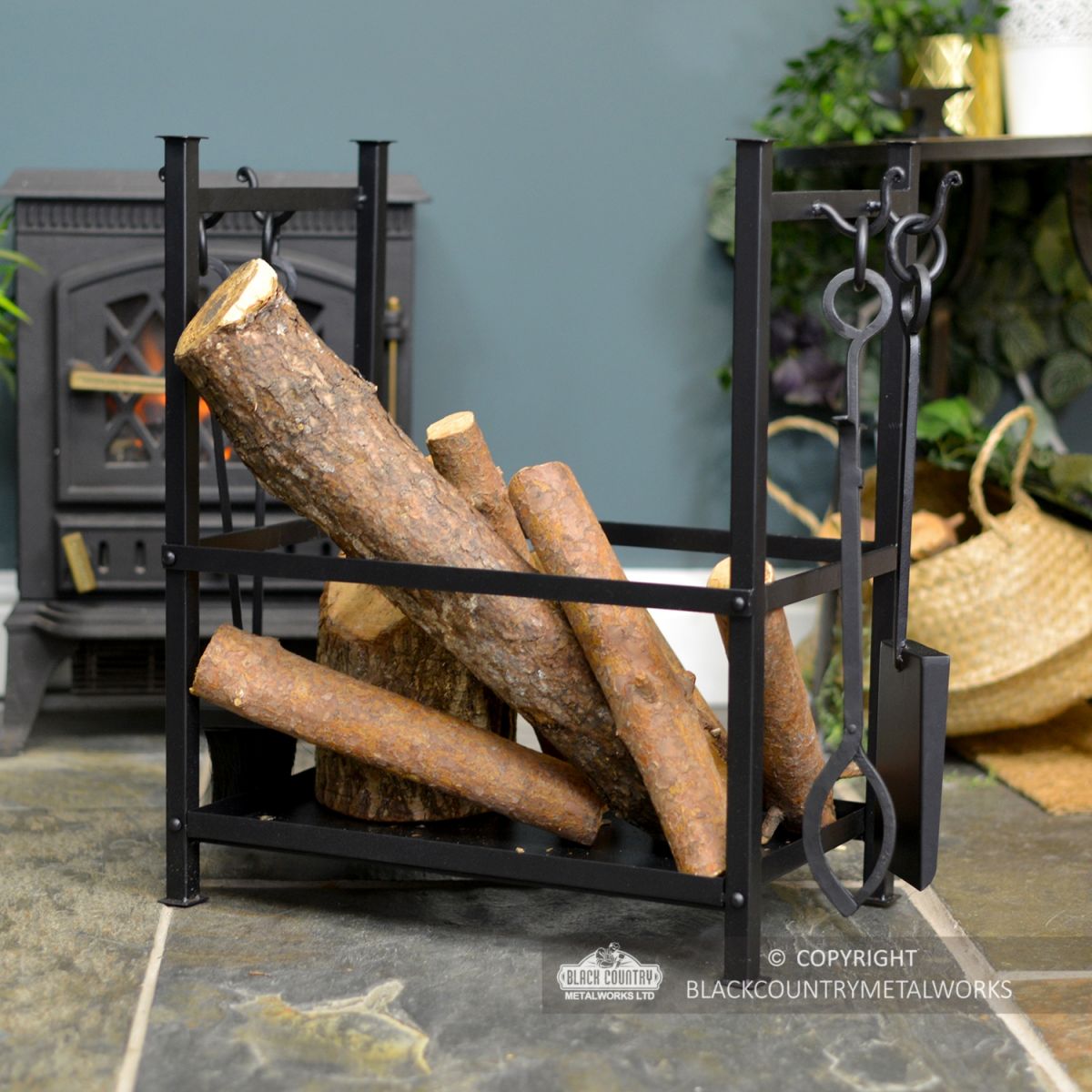 Black Fireside Log Basket with Fireside Tools