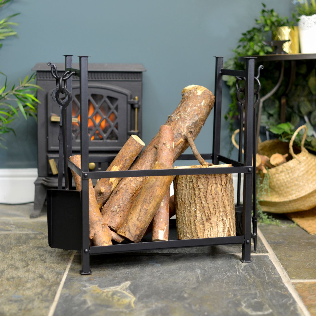 Log Basket with Fireside Tools in Situ by the Fireplace