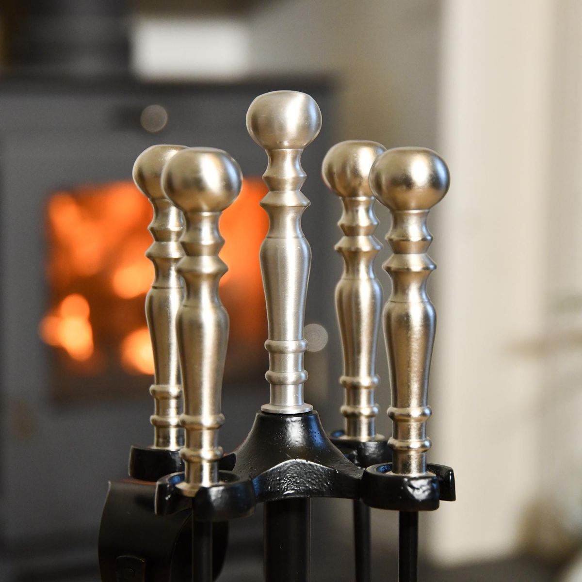 Close up of Brushed Chrome Handles on Companion Set 