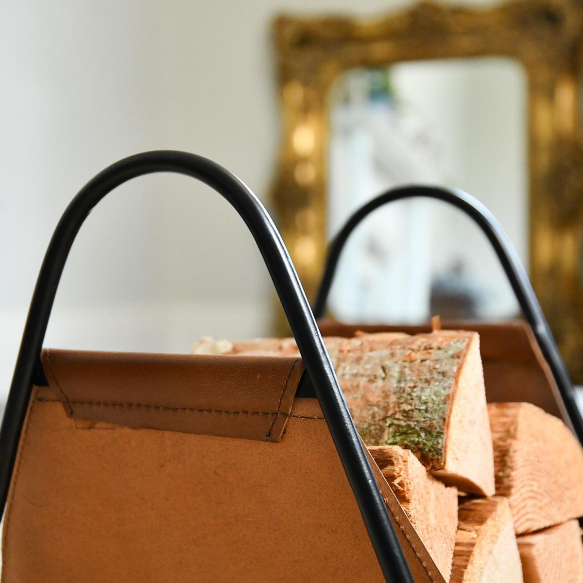 Side view of Black Steel & Brown Leather Log Holder 