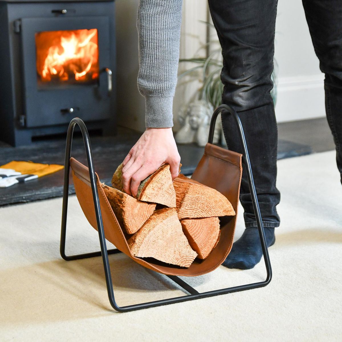 Black Steel & Brown Leather Log Holder in Situ 