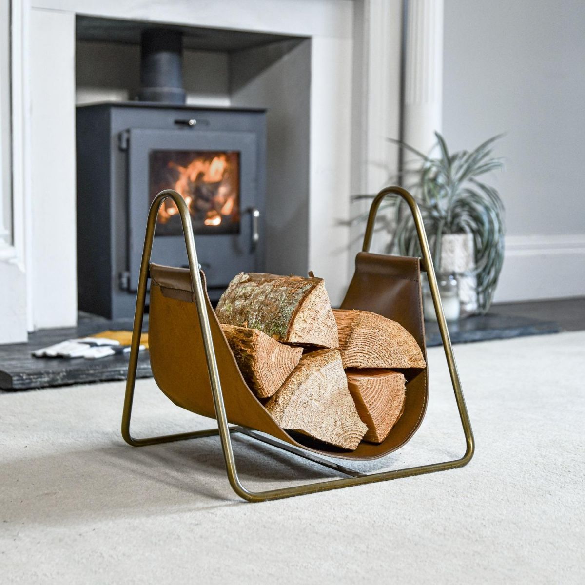 Bronze Steel & Brown Leather Log Holder in Situ 