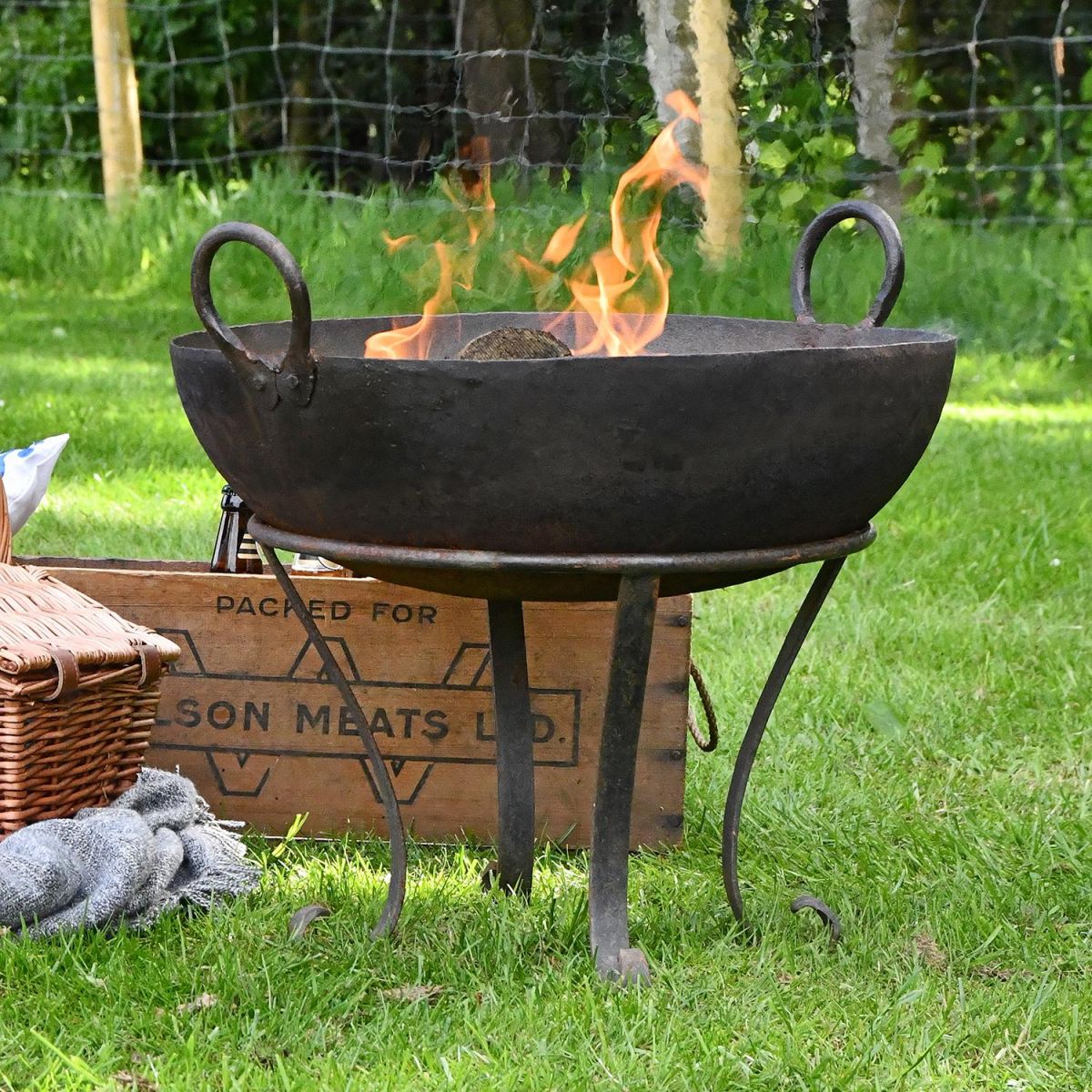 Traditional Iron Kadai Fire Bowl in Situ in the Garden