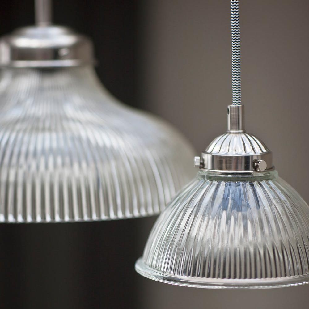 Fluted Satin Nickel Pendant Hanging Light in Situ Next to the Larger Version