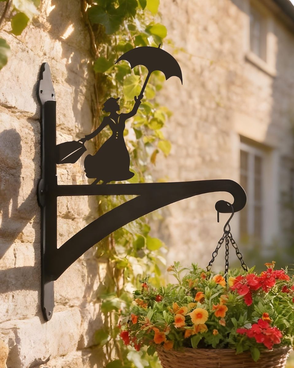 Digital representation of Flying Nanny Iron Hanging Basket Bracket mounted on summer cottage wall