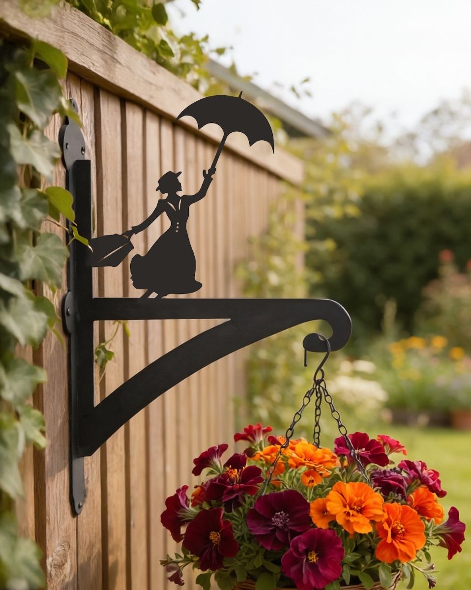 Digital representation of Flying Nanny Iron Hanging Basket Bracket mounted on wooden fence