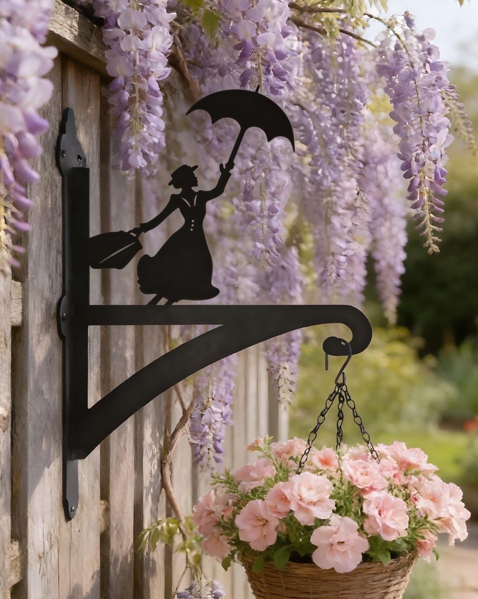 Digital representation of Flying Nanny Iron Hanging Basket Bracket with hanging flowers
