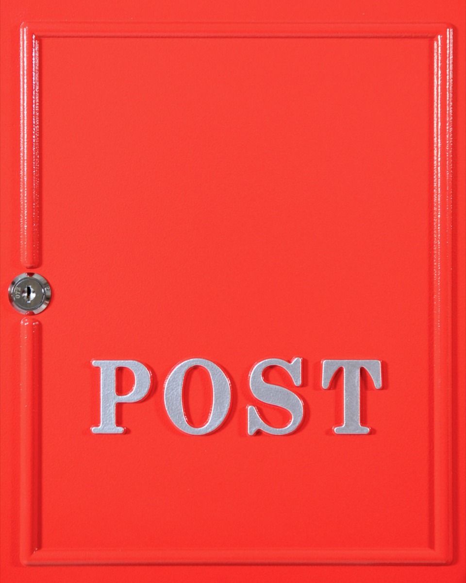 The Red "Oxford" Wall Mounted Post Box with Gold Detailing Showing a Close up of the Access Cover