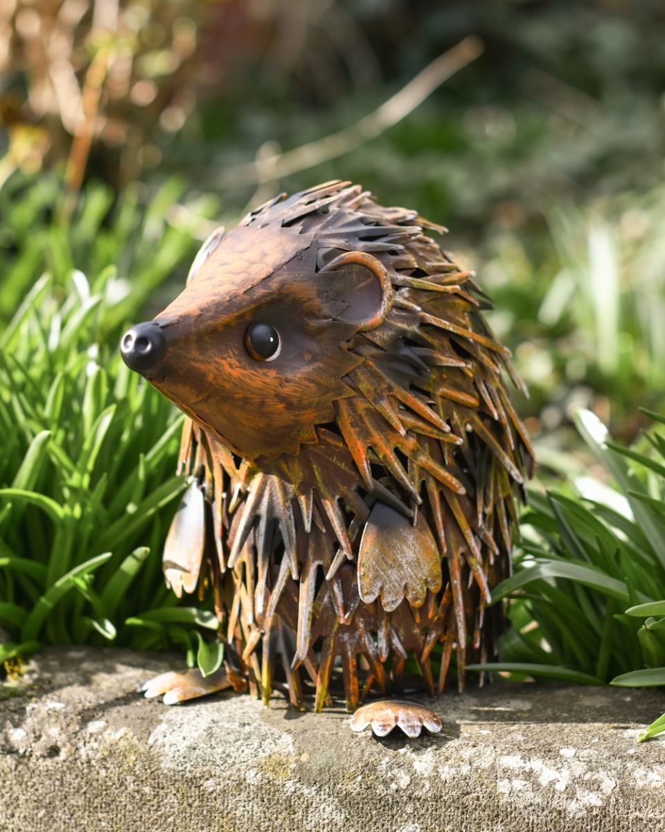 Angled view of hedgehog garden ornament Angled view of hedgehog garden ornament