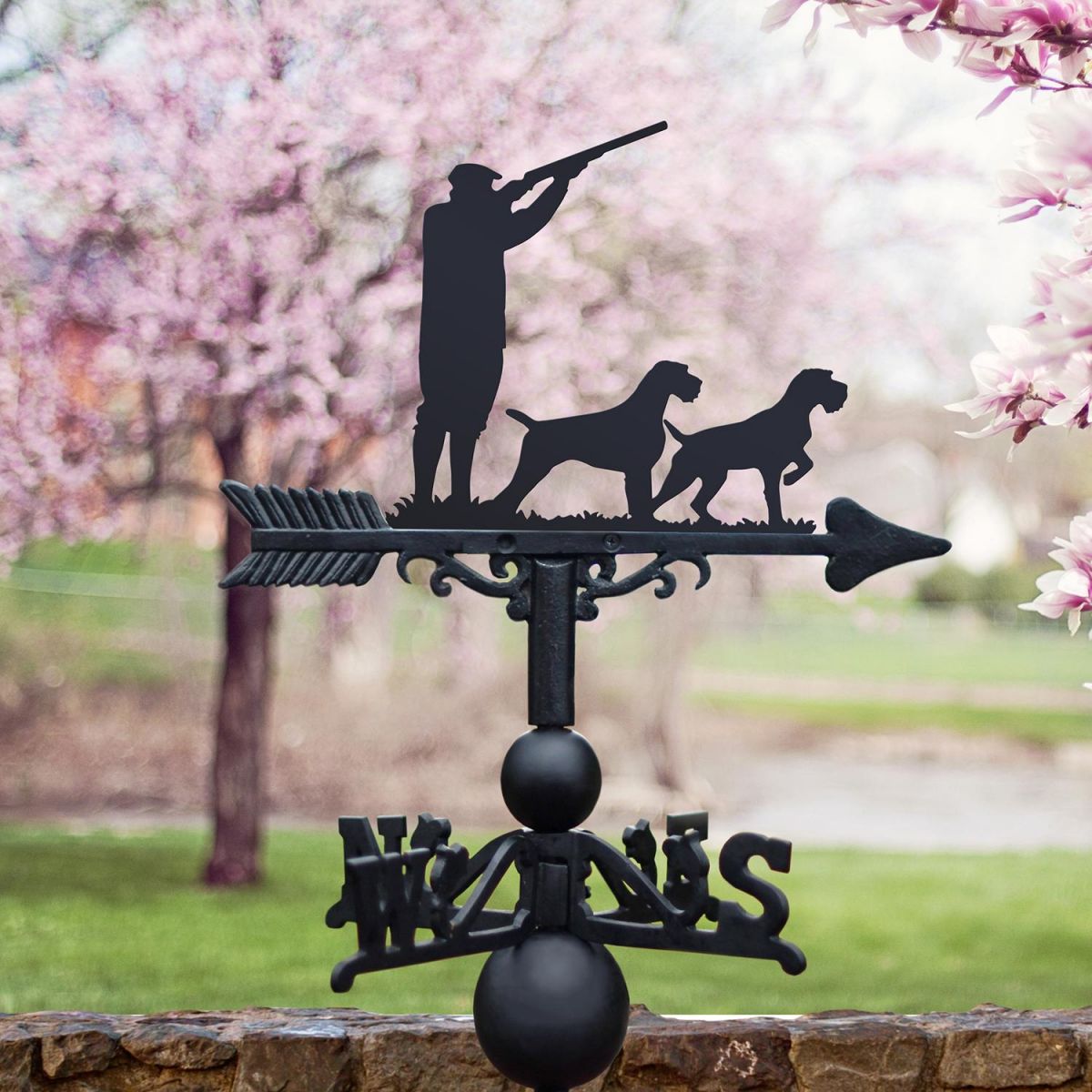 German Wired Pointer Game Season Weathervane Next to a Pink Blossom Tree