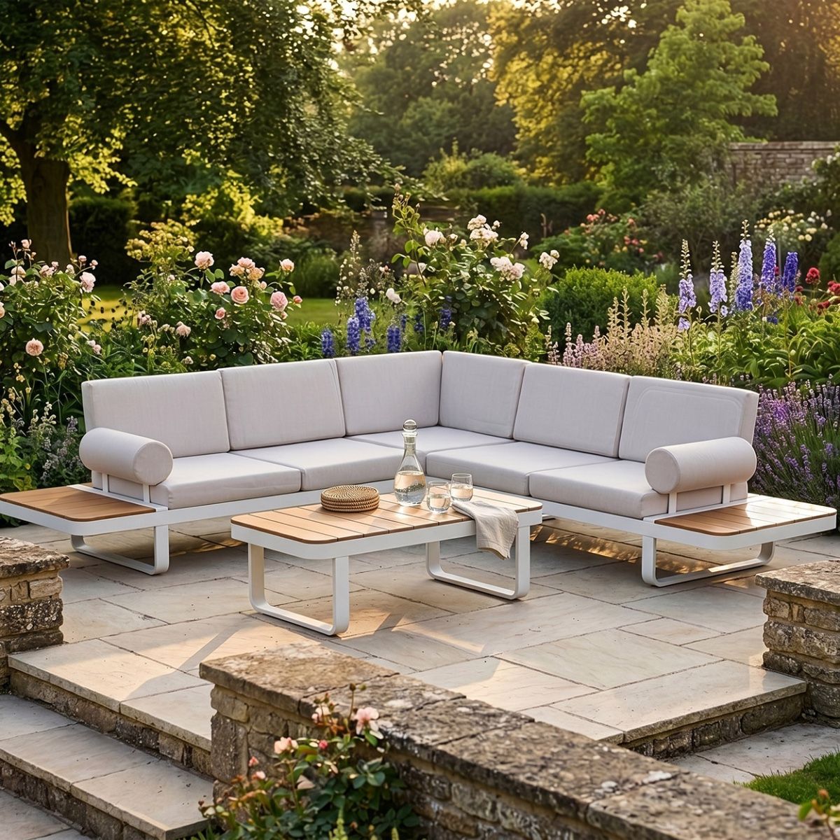 Garden Lounge Furniture Set In Cream digital illustration dressed table