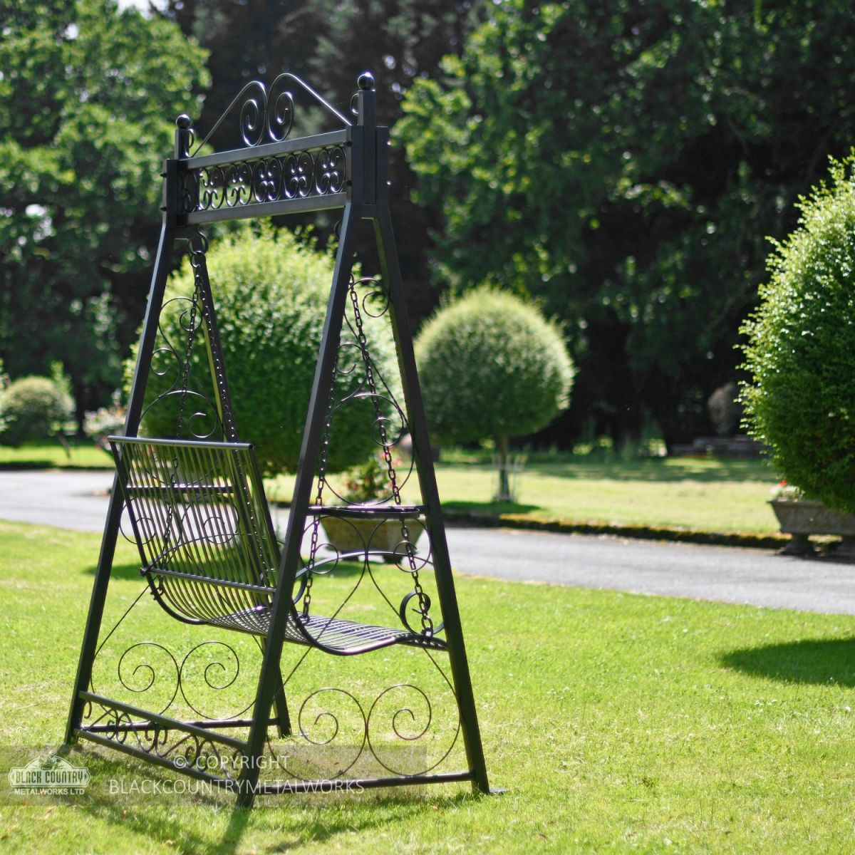 Garden metalwork ornate scroll swing seat