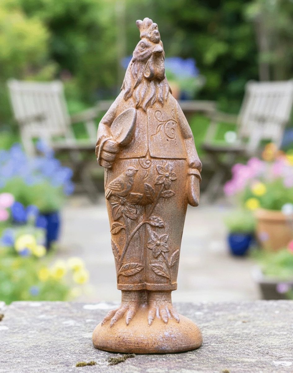 Gardening Rooster Cast Iron Garden Sculpture Digital Illustration