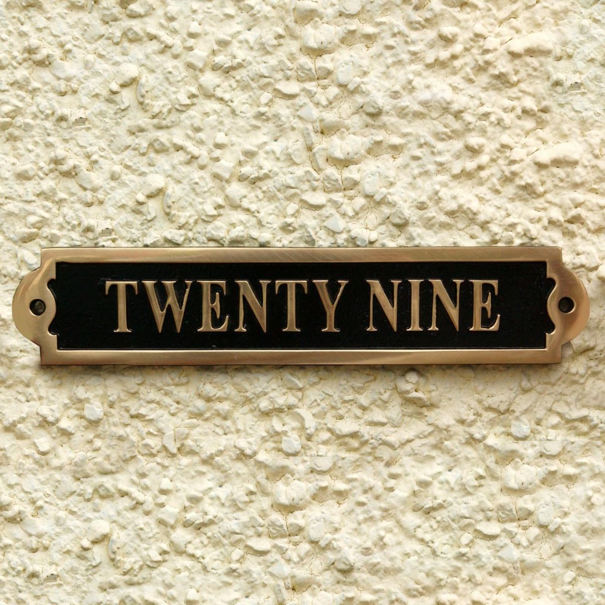 The Number Twenty Nine Displayed on the Black & Brass Gate Number Sign