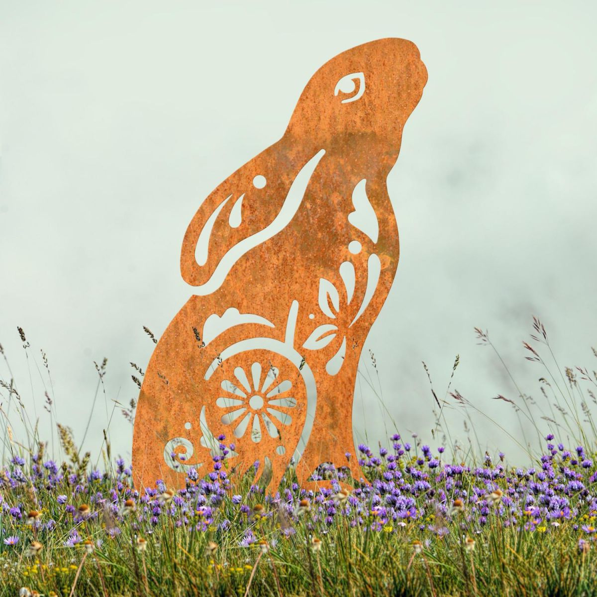 Gazing Hare "Floral Twist" Sheet Steel Silhouette in Rustic Finish in Situ Gazing Hare "Floral Twist" Sheet Steel Silhouette in Rustic Finish in Situ