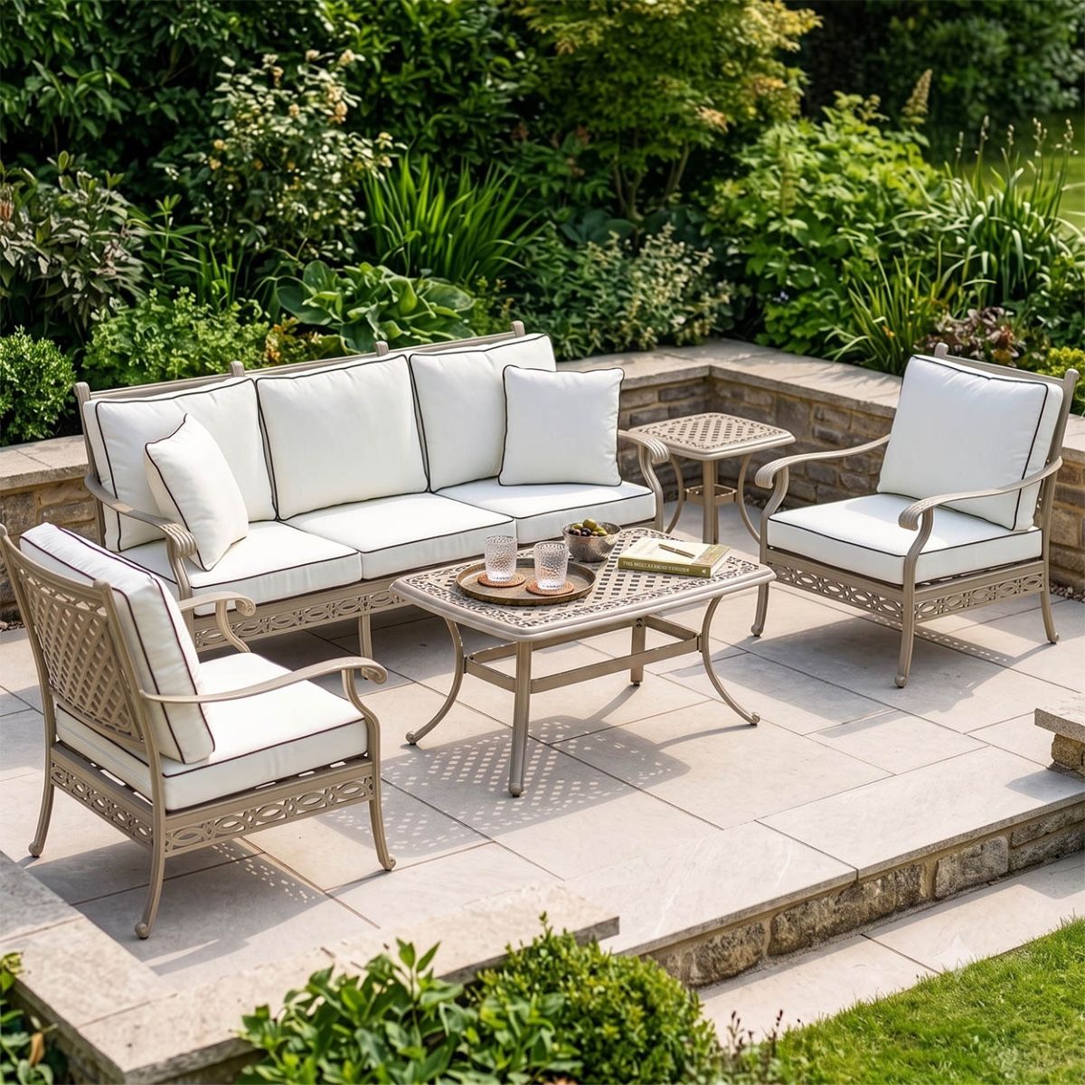 Wide shot of full lounge set with sofa, two chairs and two tables digital illustration digital illustration Dressed Table