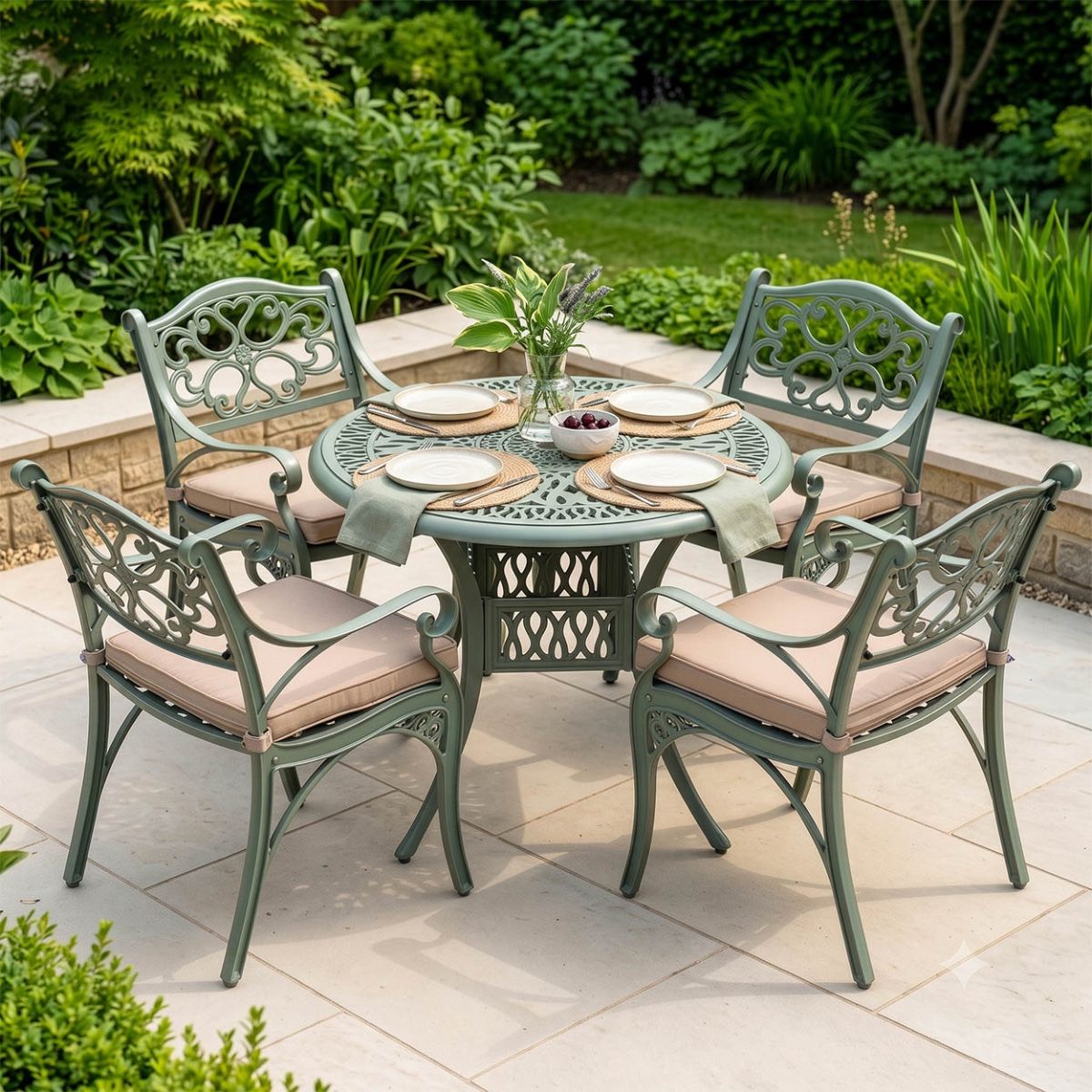 The “Hydrangea” Deluxe 4-Seater Outdoor Dining Set - Sage Green Digital Illustration Dressed Table