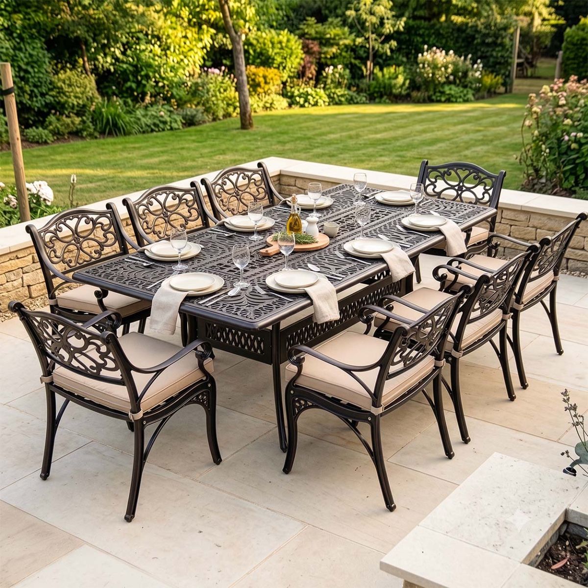 The "Arbor" 8-Seater Outdoor Dining Set - Antique Copper Digital Illustration With A Dressed Table