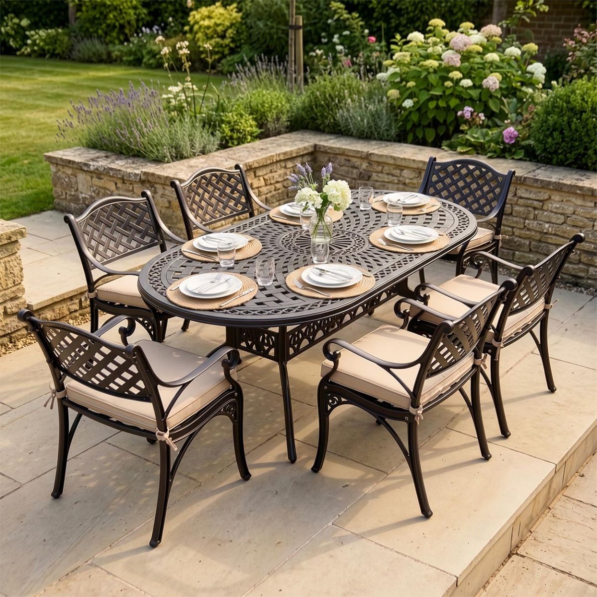 The "Valeriana" 6-Seater Outdoor Dining Set - Antique Copper Digital Illustration Dressed Table