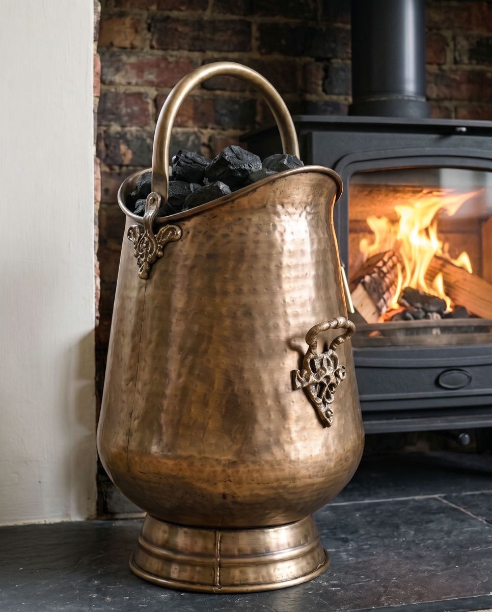 The "Highham Square" Antique Styled Coal Scuttle or Bucket Placed in Front of a Contemporary Fireplace - Digital Illustration