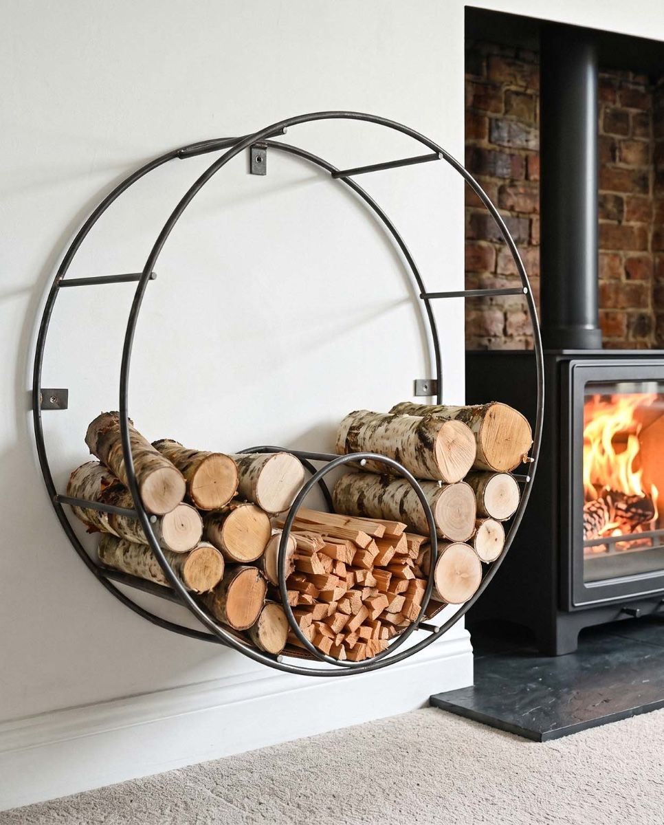 Circular Iron Wall Mounted Log Holder in Situ in the Home Digital illustration