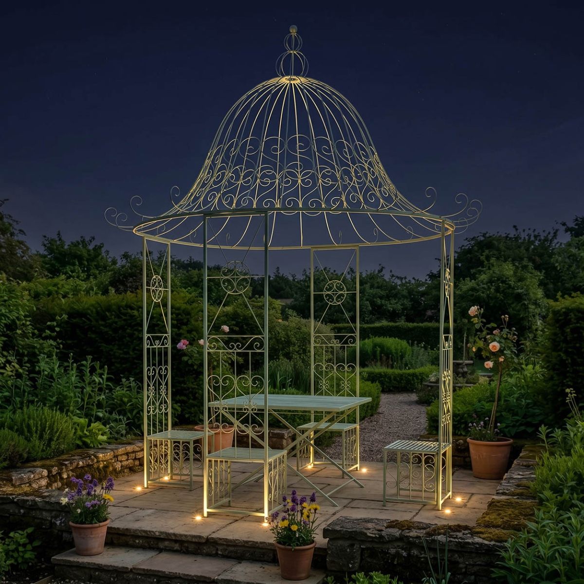 "St Rimini" Pale Green Garden Gazebo Digital Illustration At Night