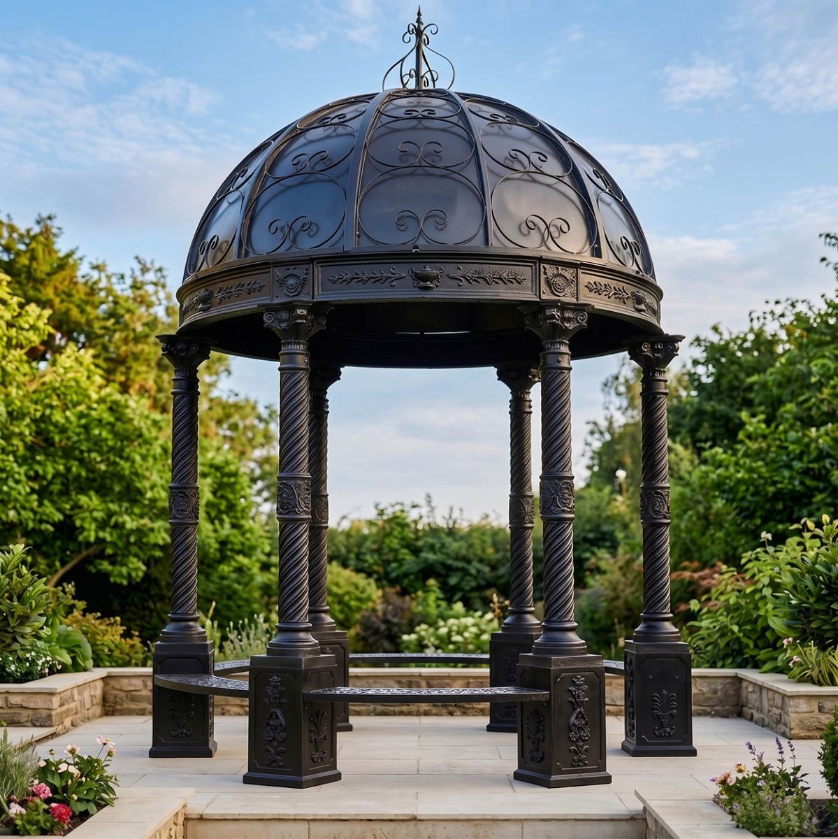 "Lady Christina" Deluxe Scrollwork Wrought Iron Gazebo Powder Coated in Midnight Black Digital Illustration
