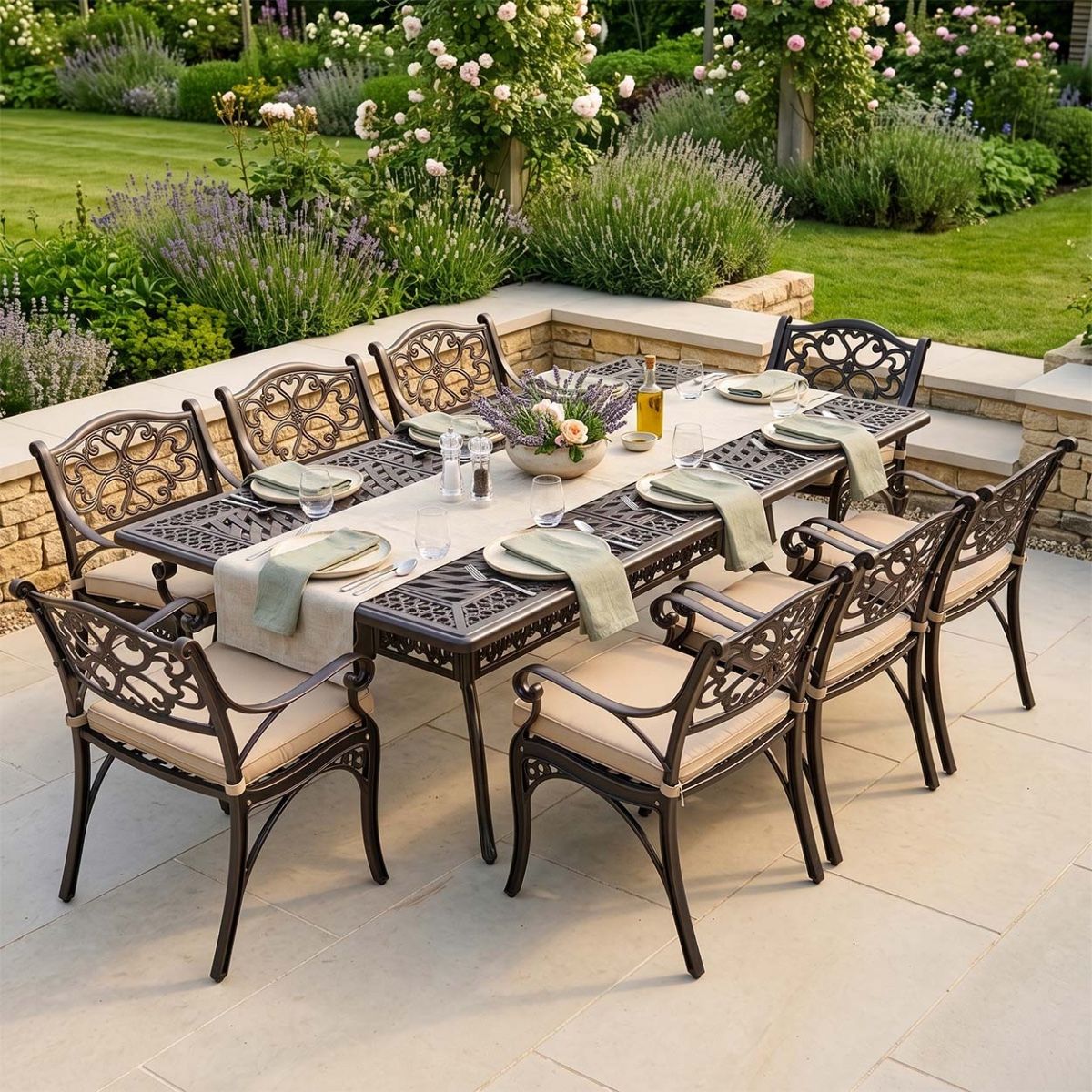 The "Verona " 8-Seater Luxury Garden Dining Set - Antique Copper Digital Illustration Dressed Table