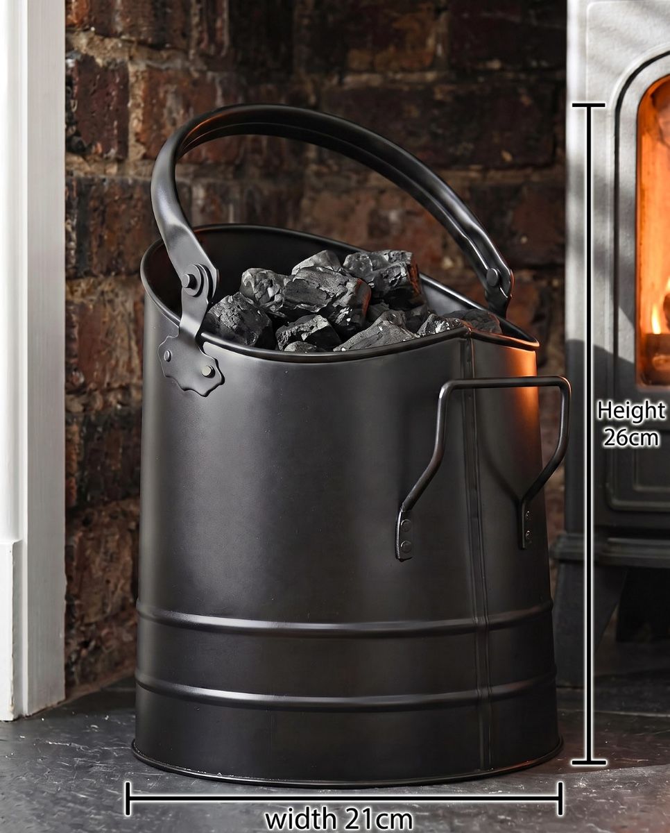 The Modern Black Coal Bucket Placed on a Carpet in Front of a Lob Burner Stove - Digital Illustration Size Diagram