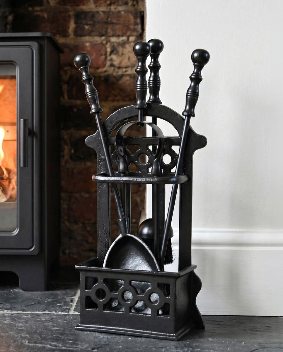 "Cothelstone" Black Victorian Fireplace Companion Set Digital illustration. 