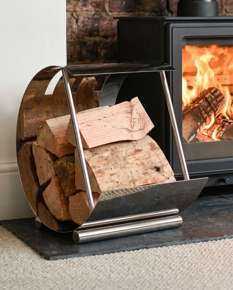 The Bright Chrome Moon Log Holder Positioned next to a Lit Log Burner - Digital Illustration  