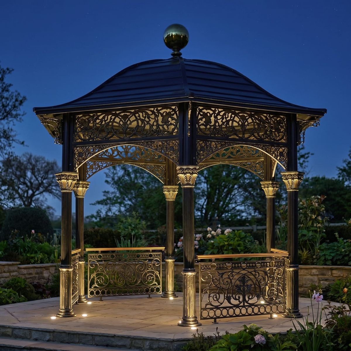 "The Versailles Temple" Ornate Solid Roof Garden Gazebo Digital Illustration At Night