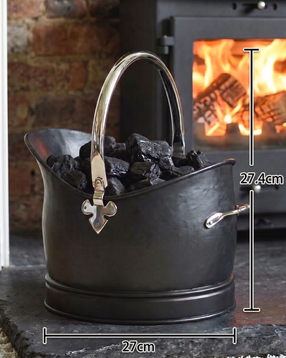 The 27.5cm "Hinswick" Victorian Black Iron and Nickel Coal Bucket Positioned Next to a Decorative Fireplace - Digital Illustration With A Diagram