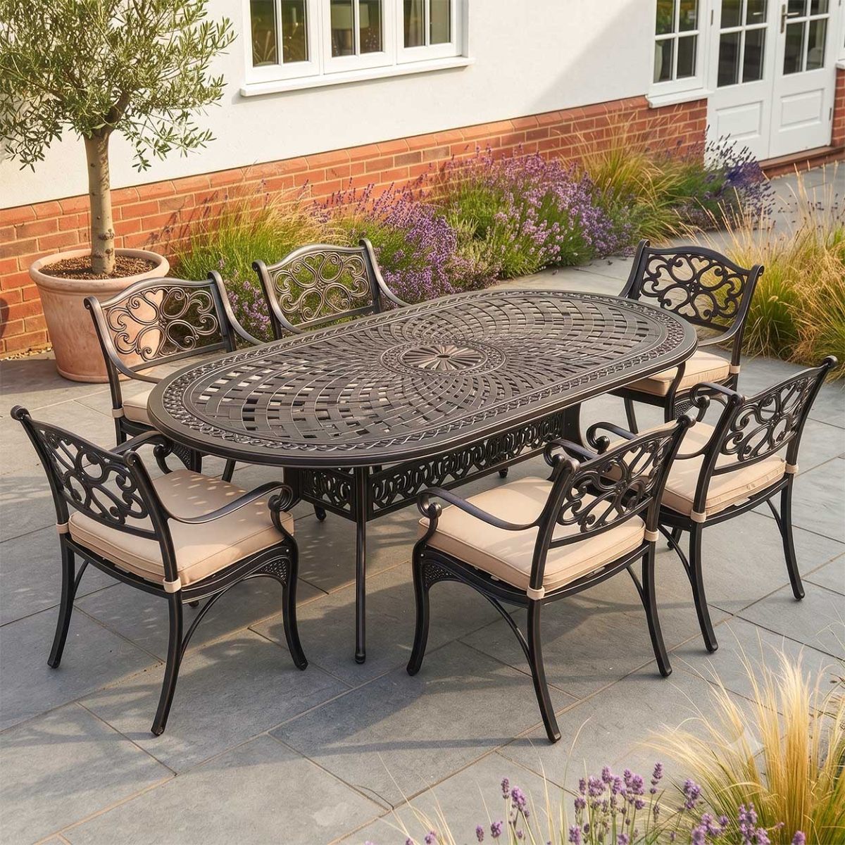 The "Oakhaven" 6-Seater Outdoor Dining Set - Antique Copper Digital Illustration