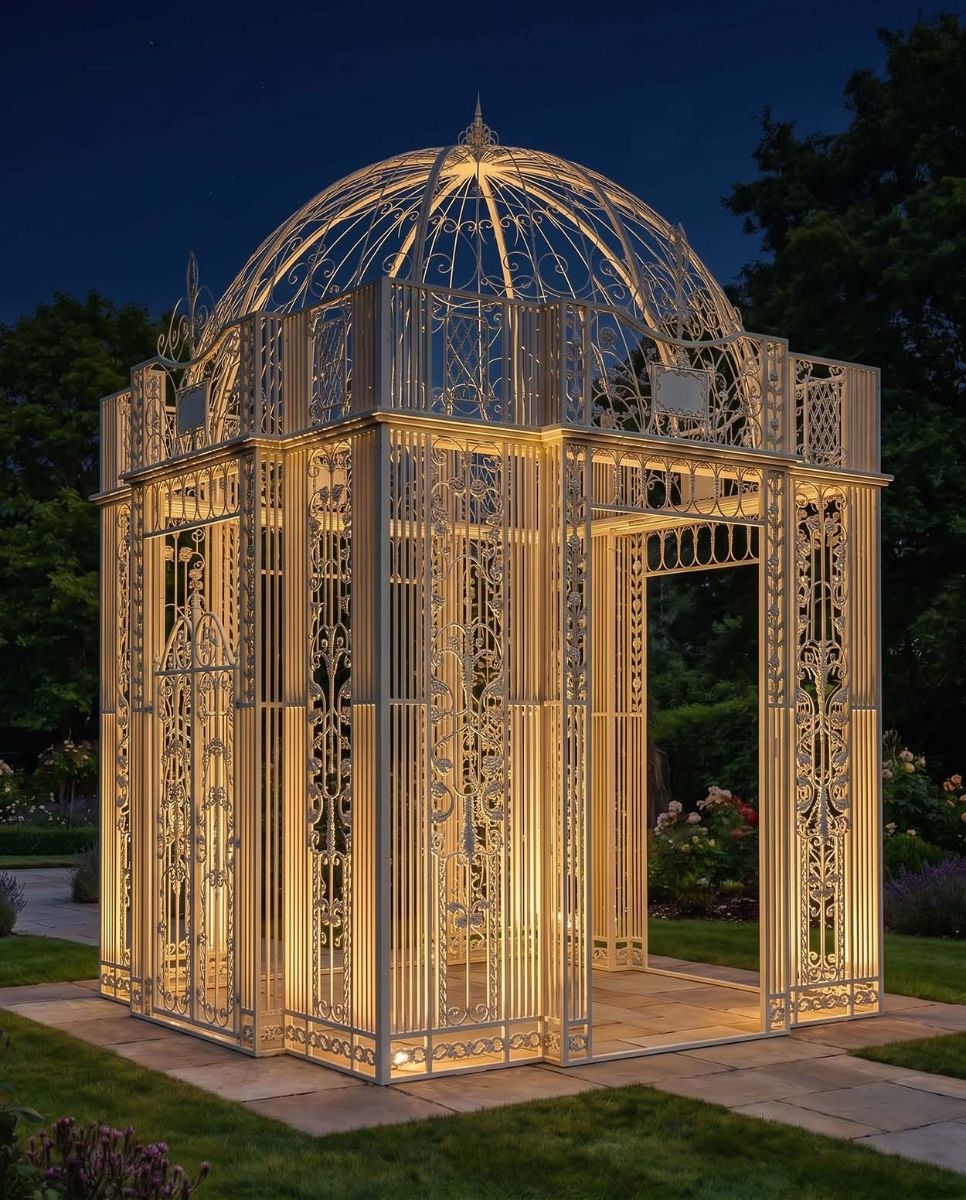 "The Royal Alexandria" Cream Wrought Iron Gazebo in Situ in the Garden Digital Illustration At Night