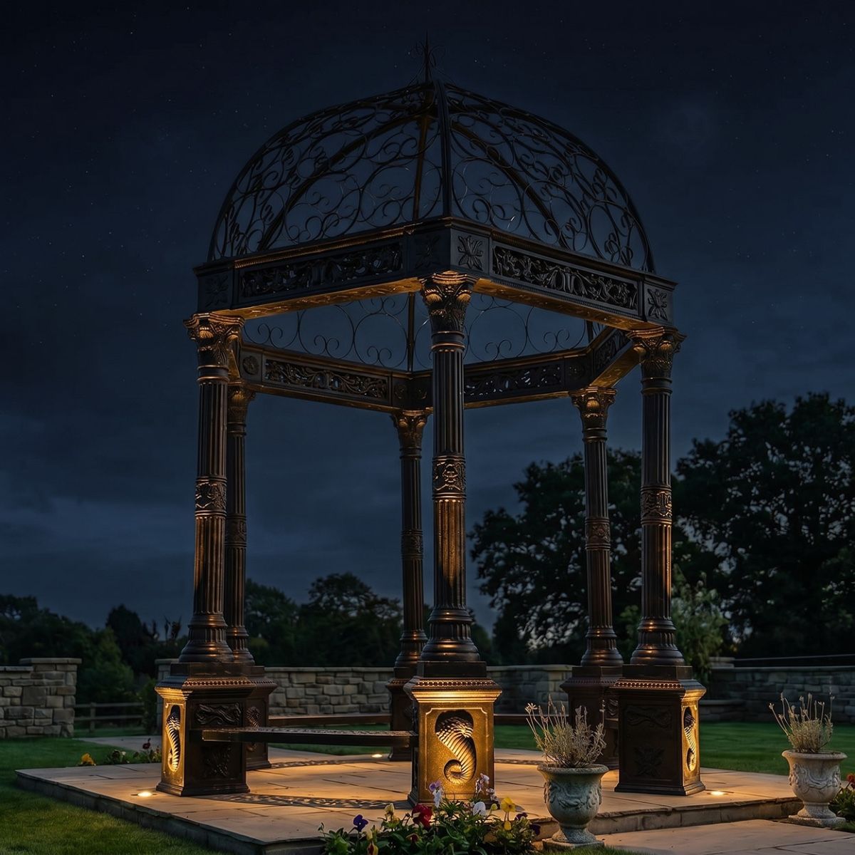 Ornate Wrought Iron "Somerford" Garden Gazebo - Midnight Black Digital Illustration At Night