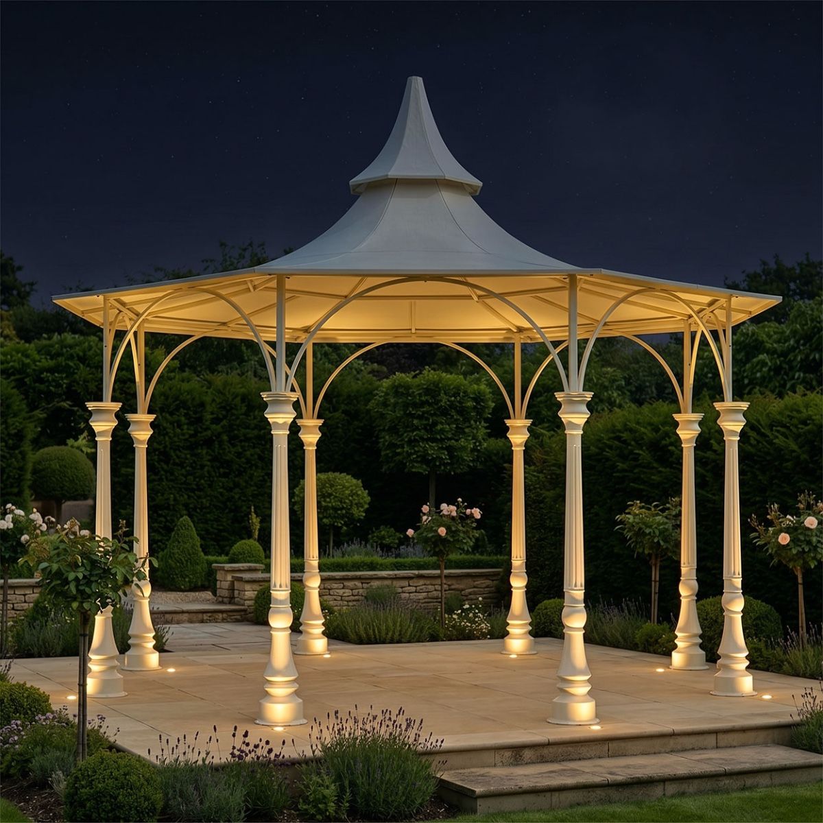 "Lady Antoinette" Large Cream Garden Bandstand Finished in Cream Digital Illustration At Night