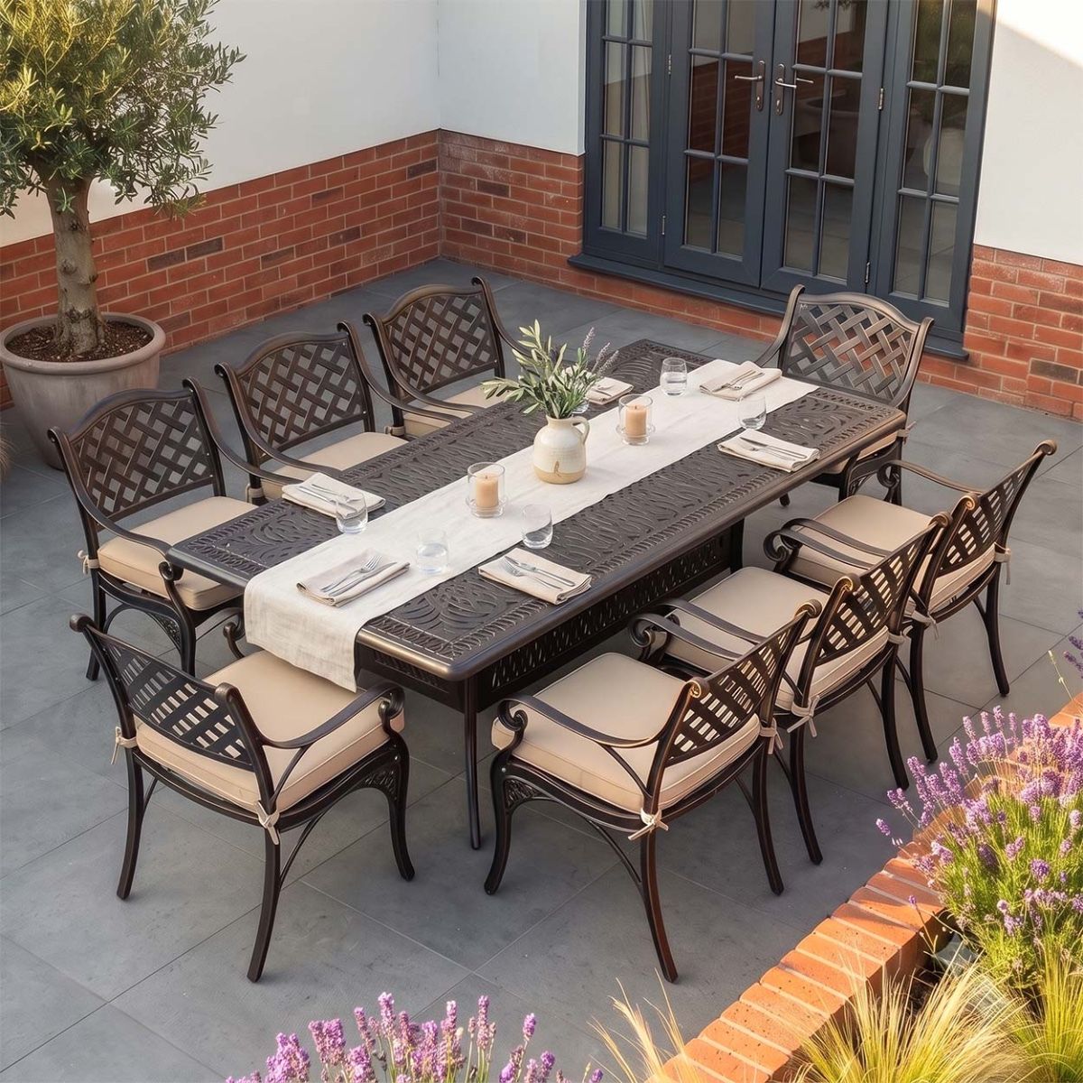 The "Sommelier" 8-Seater Outdoor Dining Set - Antique Copper Digital Illustration Dressed Table