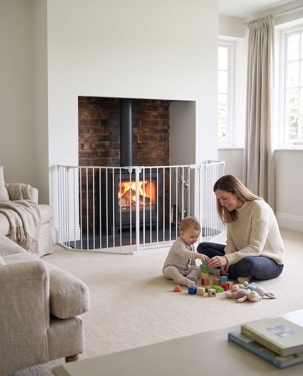 "BabyPro" White Five Panel Child Safety Fire Guard Digital Illustration Scale Shot With A Family