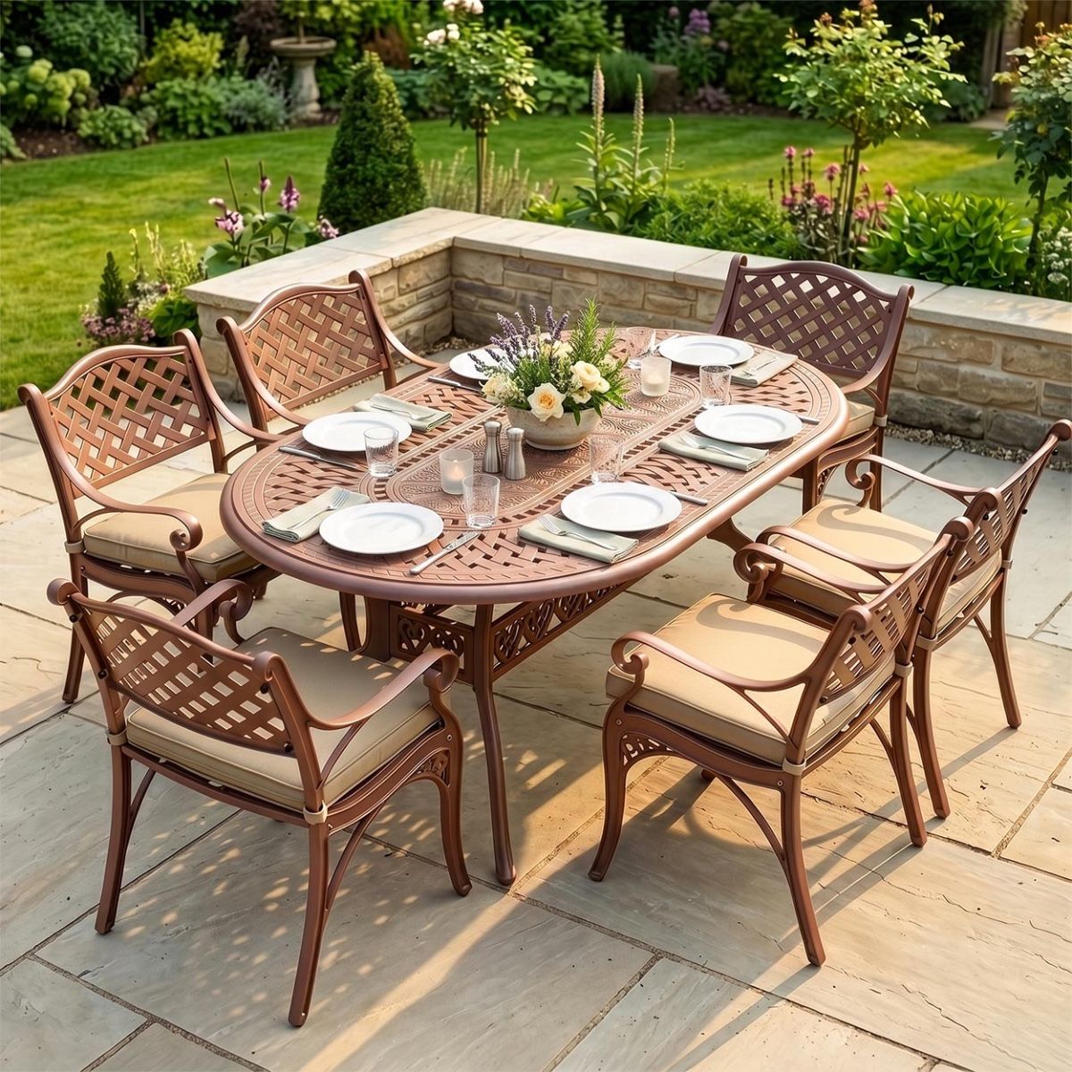The "Siena" 6-Seater Garden Dining Set - Terracotta Digital Illustration Dressed Table