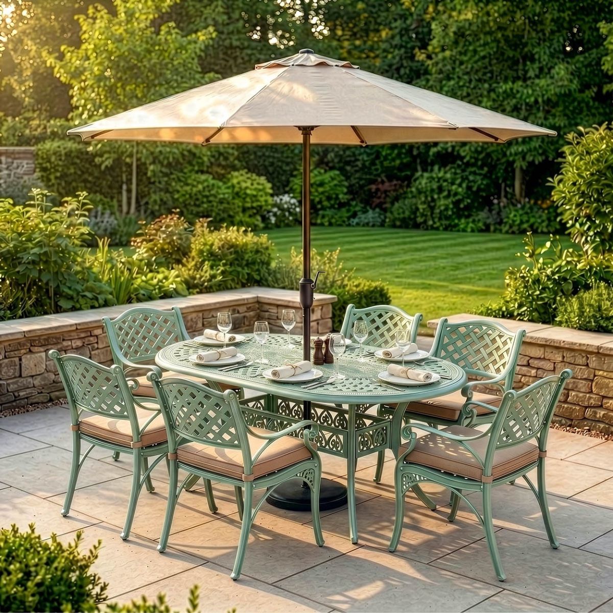 Mint Green "Montacute" Six Seater Garden Table & Chair Set Digital illustration Dressed Table