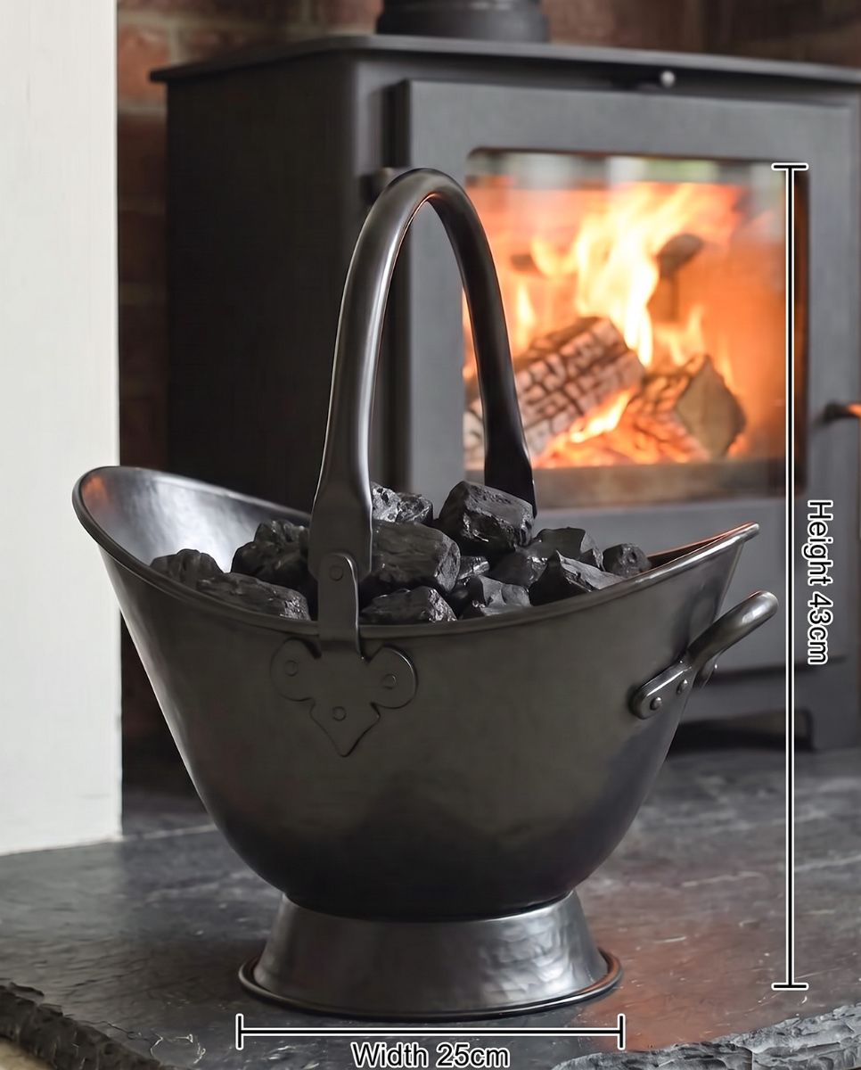 The 43cm "Waterloo" Black Iron Coal Bucket Placed on a Stone Tile Floor in Front of a Log Burner Stove - Digital Illustration Diagram