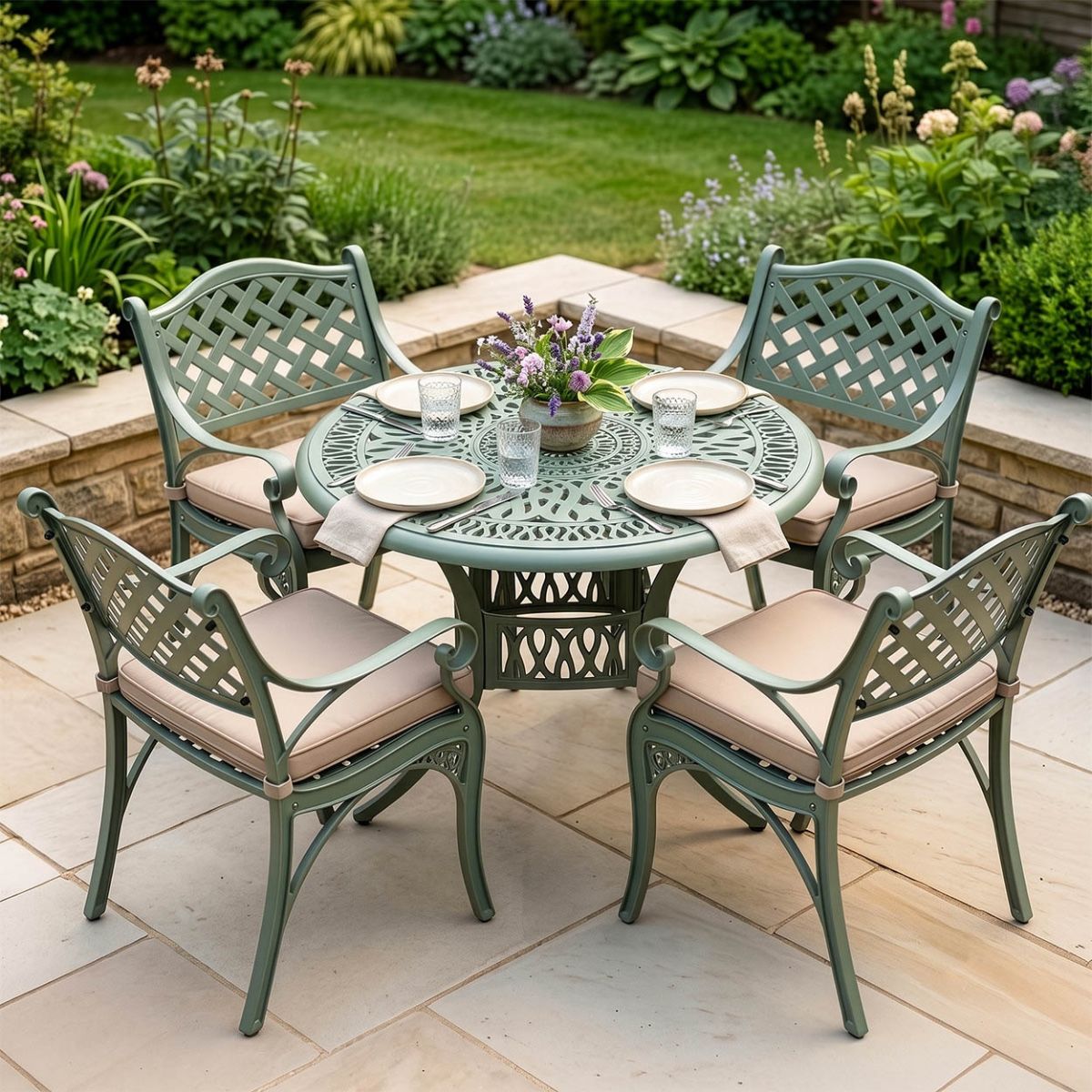 The “Gardenia” Deluxe 4-Seater Outdoor Dining Set - Sage Green Digital Illustration Dressed Table