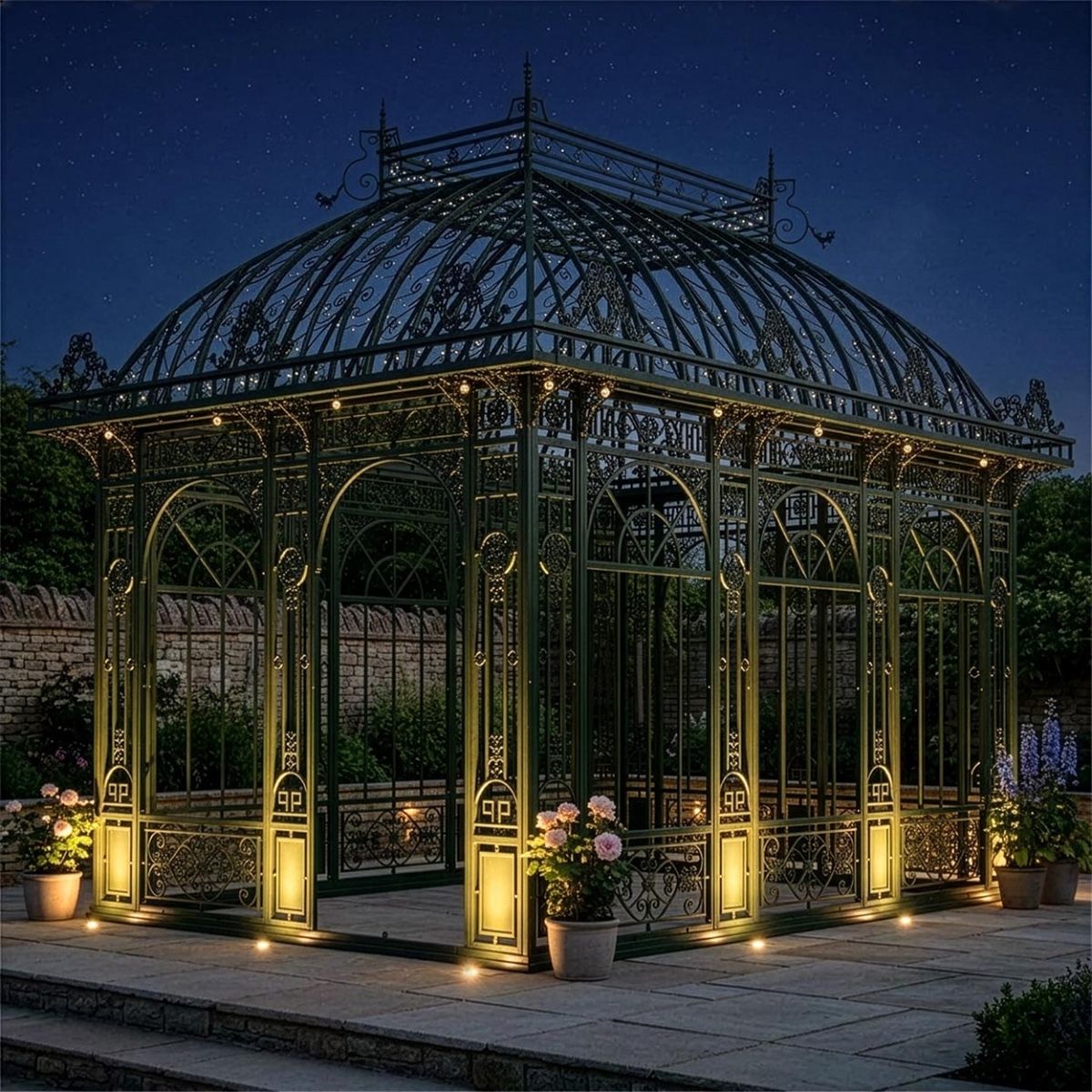 "Hanslow Gardens" Large Outdoor Garden Gazebo Structure Digital Illustration At Night
