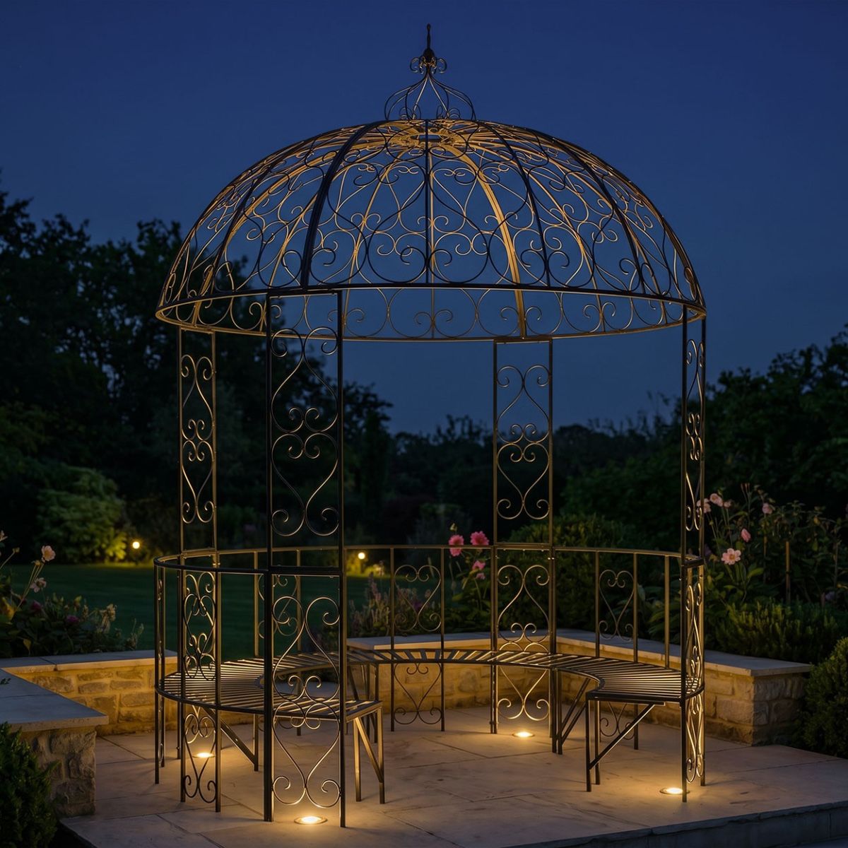 "Kensington" Domed Wrought Iron Gazebo in a Midnight Black Finish Digital Illustration At Night