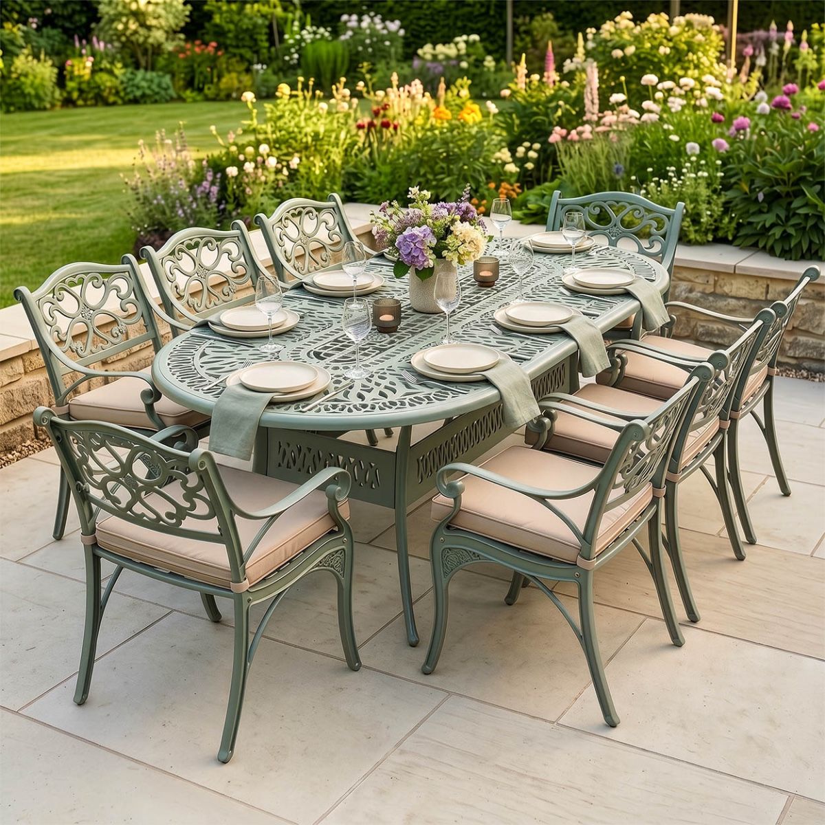The "Sage Blossom" 8-Seater Garden Dining Set - Sage Green Digital Illustration Dressed Table