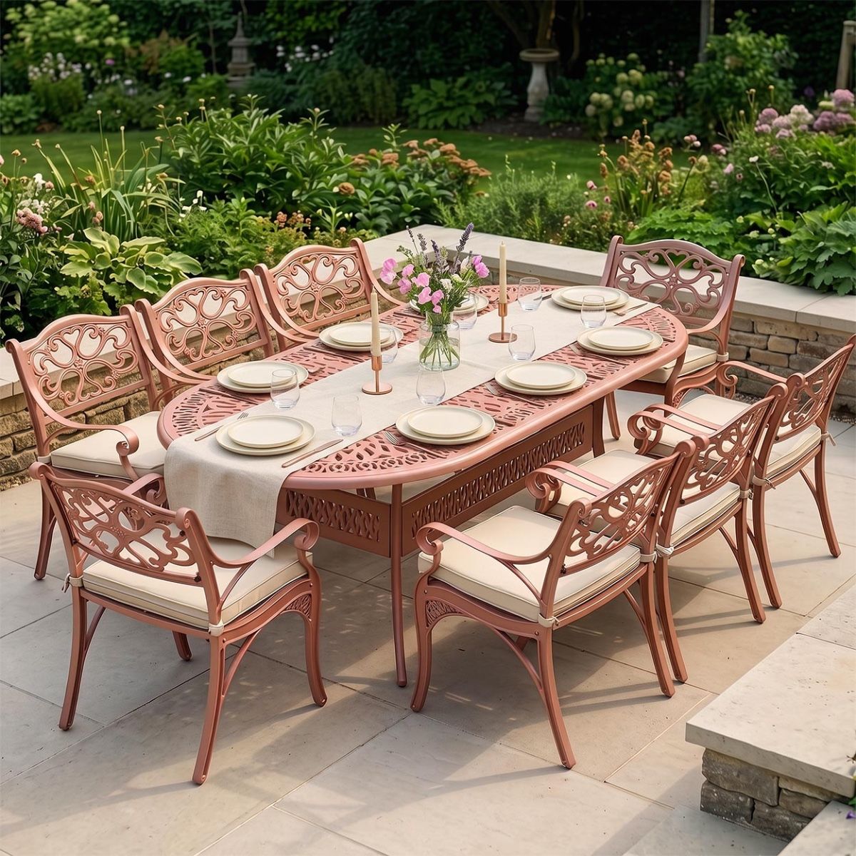 The "Rosemoor" 8-Seater Outdoor Dining Set - Terracotta Digital Illustration 