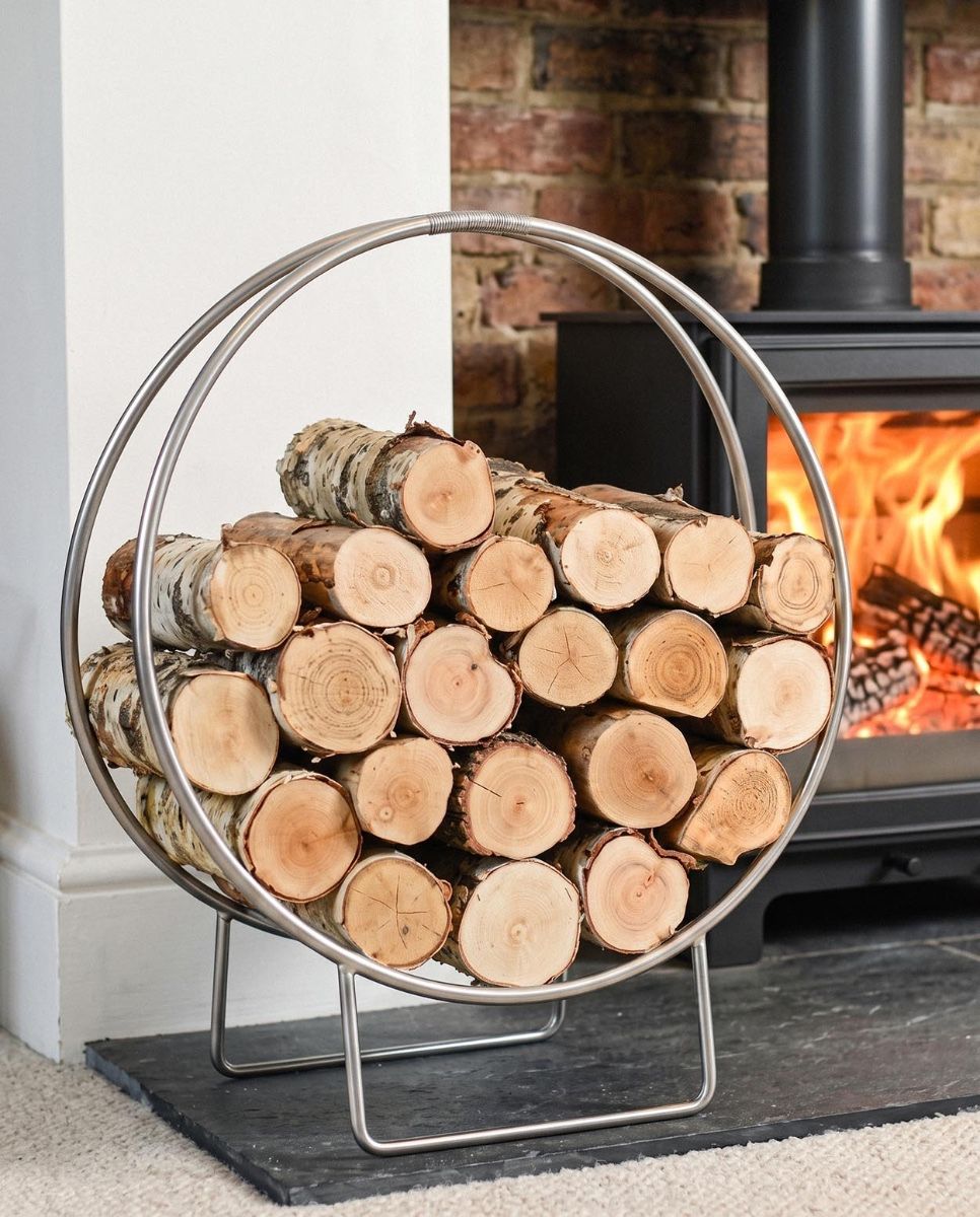 The 69.5cm Pewter Finish Circular Log Rack & Holder Shown up Close next to a Traditional Log Burner Stove - Digital Illustration 